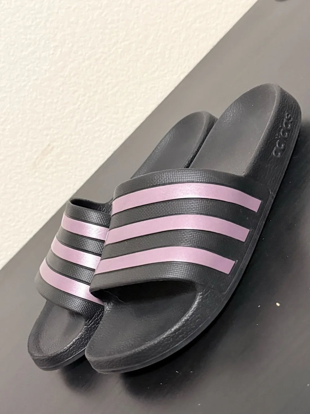 Adidas kids Black Slide Sandals with Pink Stripes